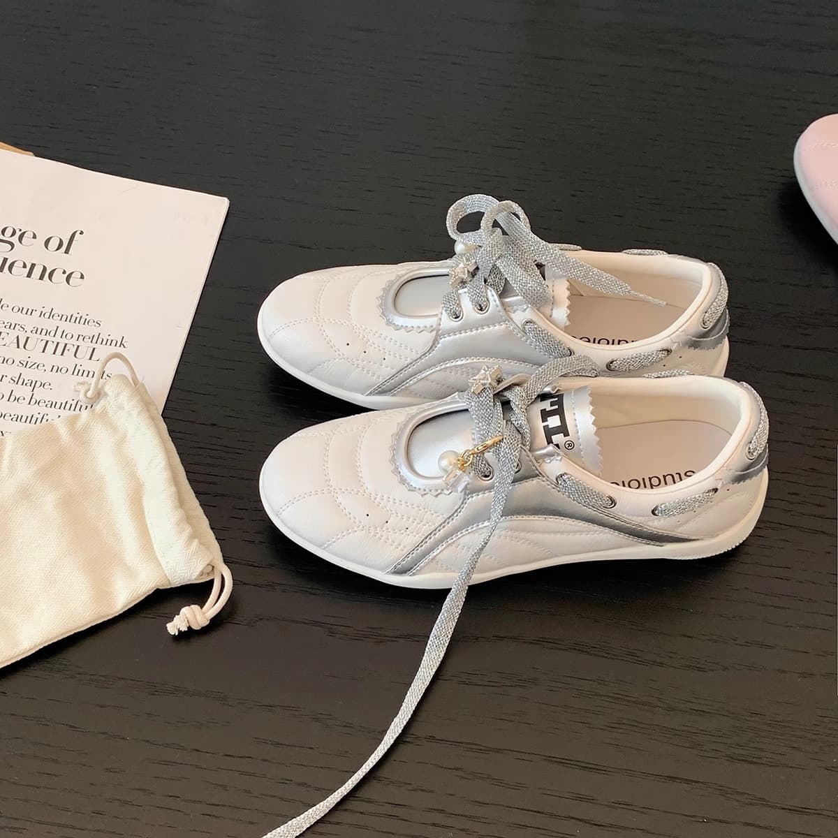 Sheepskin Version~ 5cm Height Increase Thick Sole Ballet German Training Shoes Pearl Lace Round Toe Color Block Casual Sneakers Agy Board Shoes for Women
