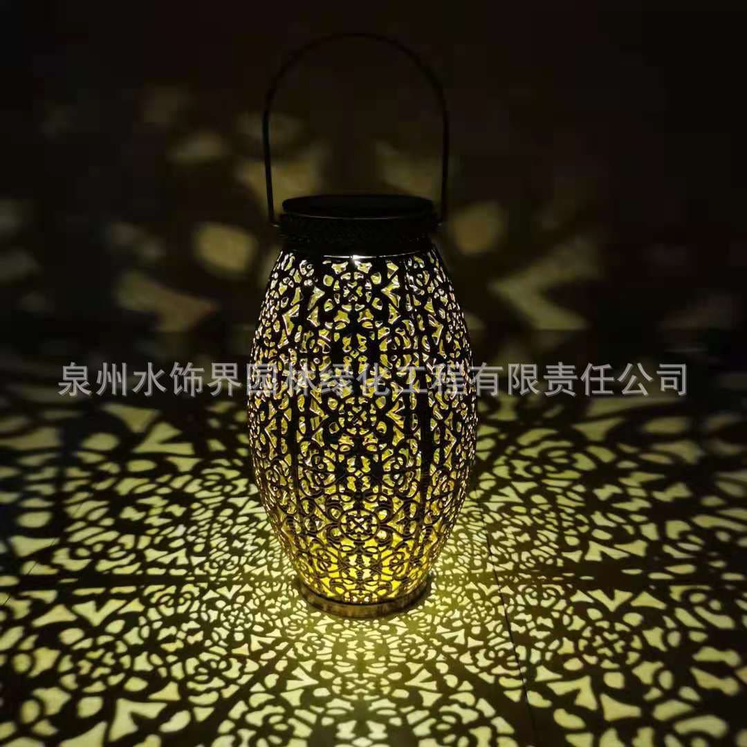 Factory Direct Cross-border Iron Art Solar Light Waist Drum Hollow Projection Light Garden Landscape Wall-mounted Handheld Decorative Light