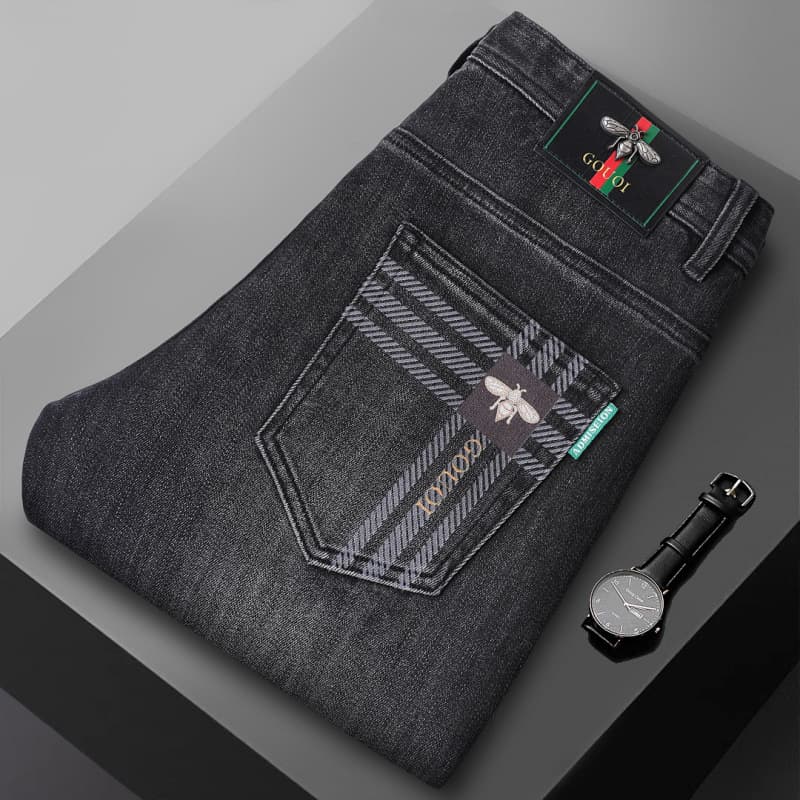 Authentic Cross-Border GOUOI Bee Jeans for Men, Fall/Winter Thick Premium Luxury Stretch Slim Tapered Pants