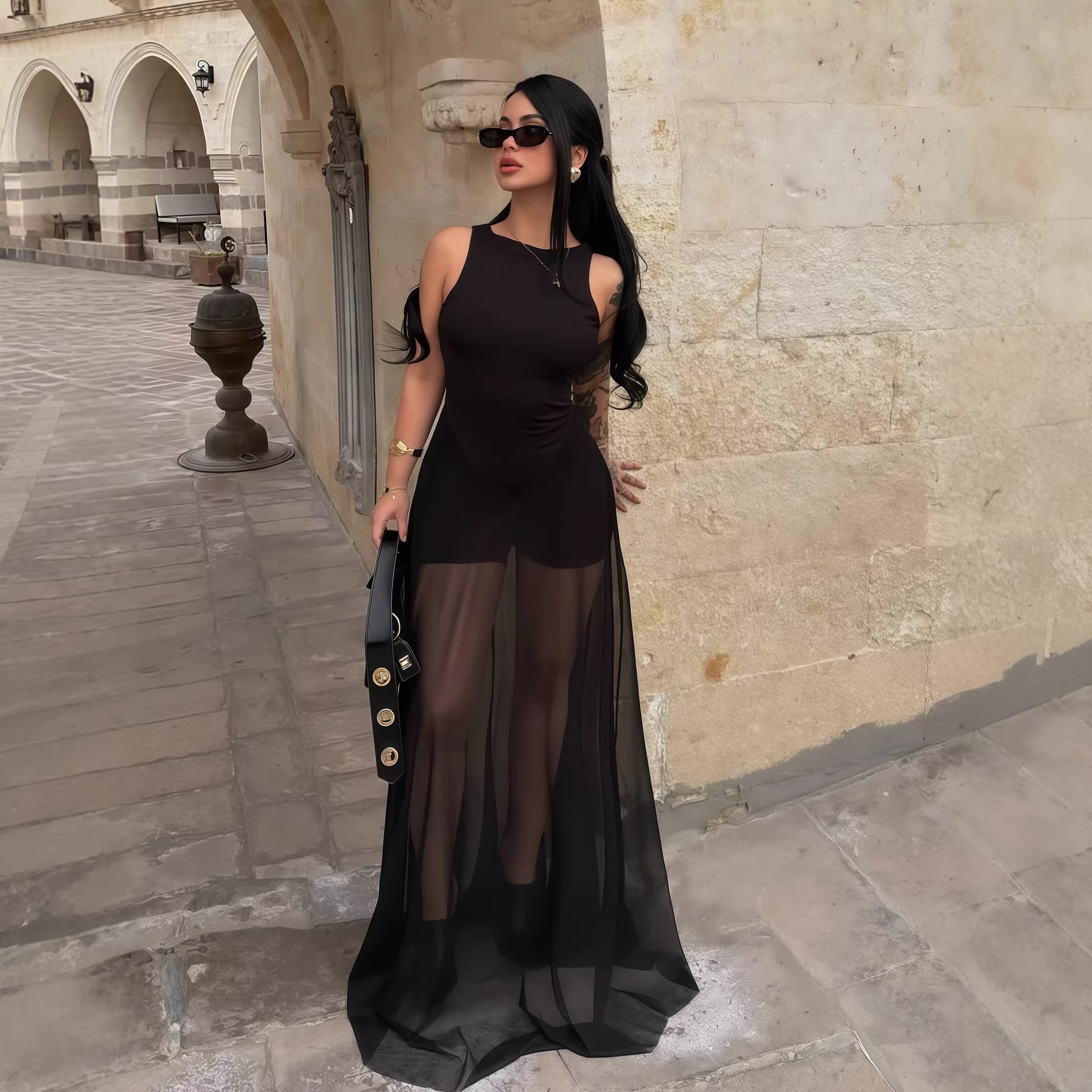 Amazon Cross-border 2026 Summer New Arrival European and American Fashion Elegant Fitted Sexy Mesh Patchwork Long Dress