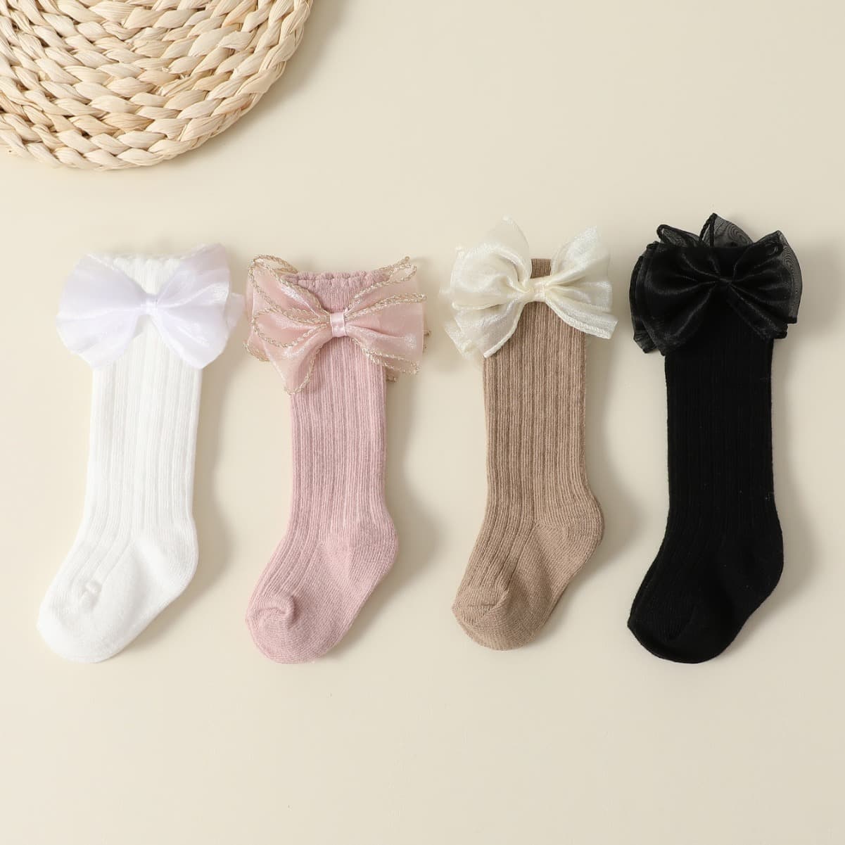 Cross-border Exclusive 4-Pair Pack Spring & Autumn Solid Color Princess Style 3D Gold-Trimmed Lace Big Bow Decor Mid-Calf Socks