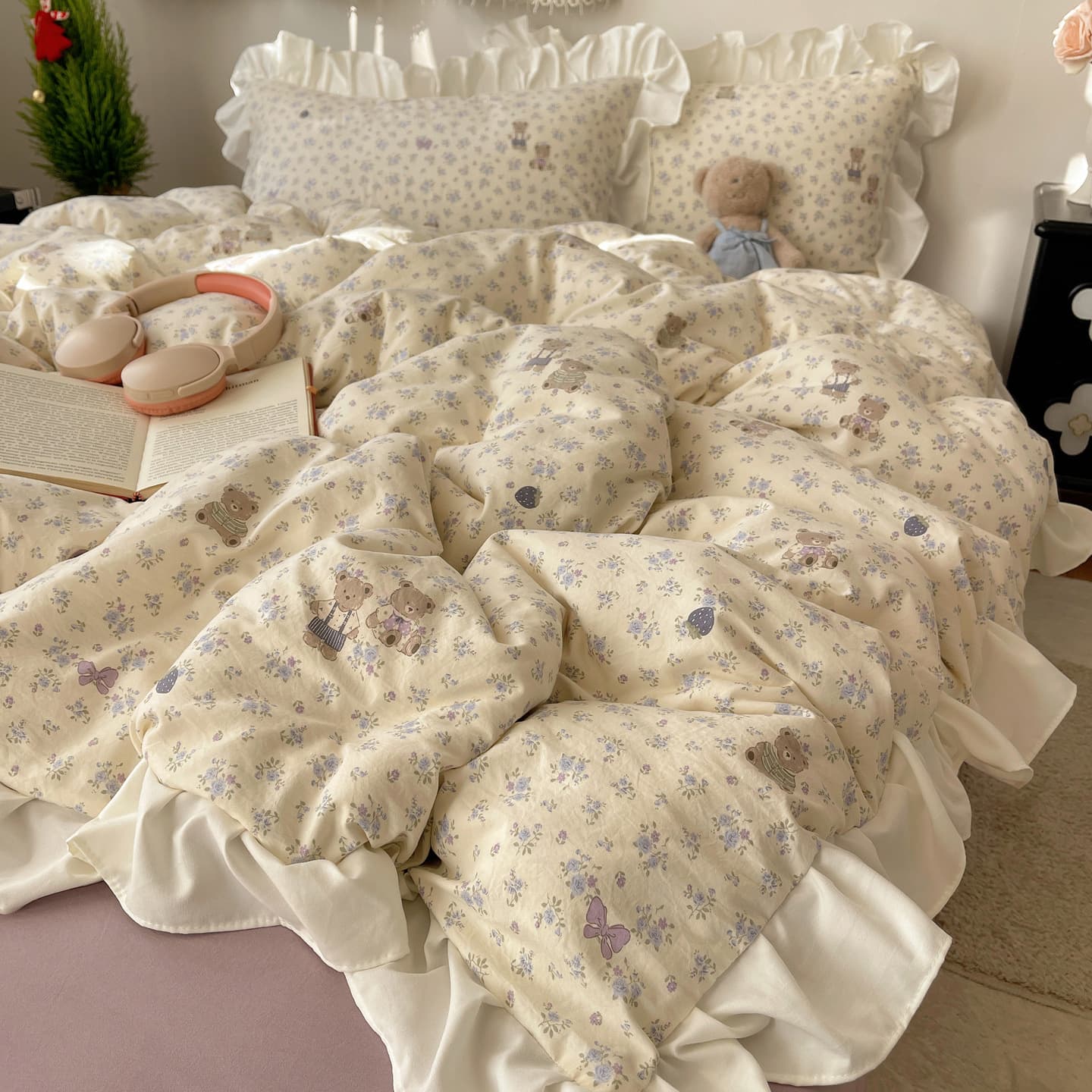 Class A Traditional Washed Cotton Four-Piece Set, Ins-Style Dormitory Student Fresh Floral Bed Sheet and Duvet Cover, Pure Cotton Texture