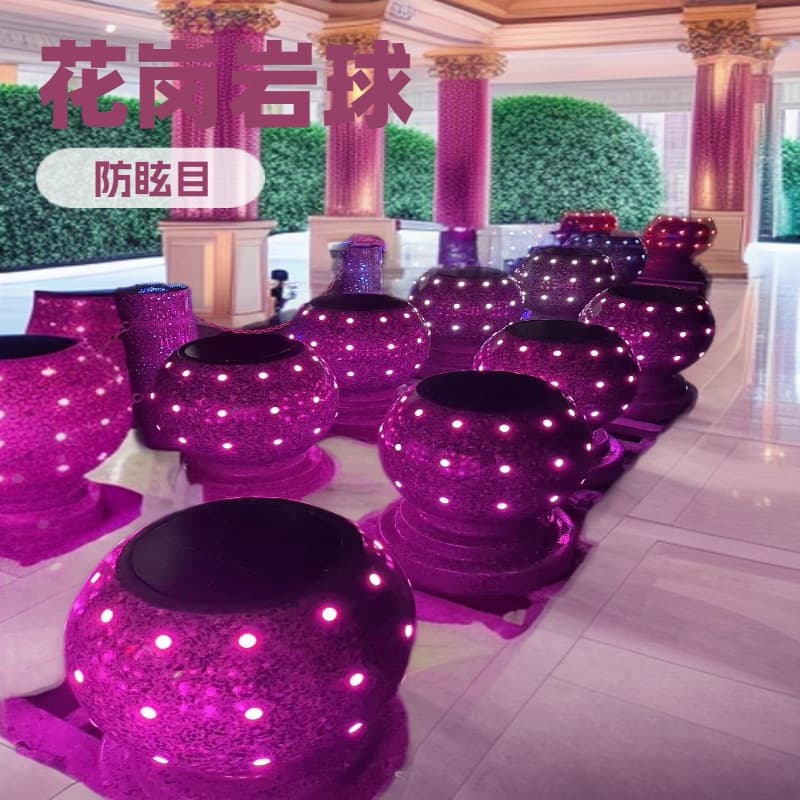 Manufacturer of glowing stone bollards with embedded LED lights, anti-collision stone vehicle barrier, glowing spherical stone bollard