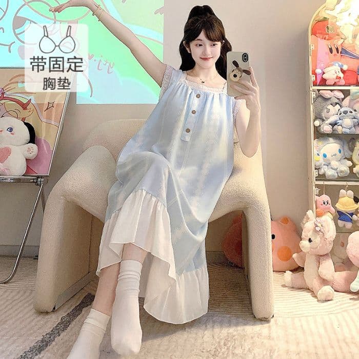 Plus Size Summer Sleep Dress with Built-in Bra, Cloud Cotton Lace Trim Nightgown, Princess Style Camisole Sleep Dress
