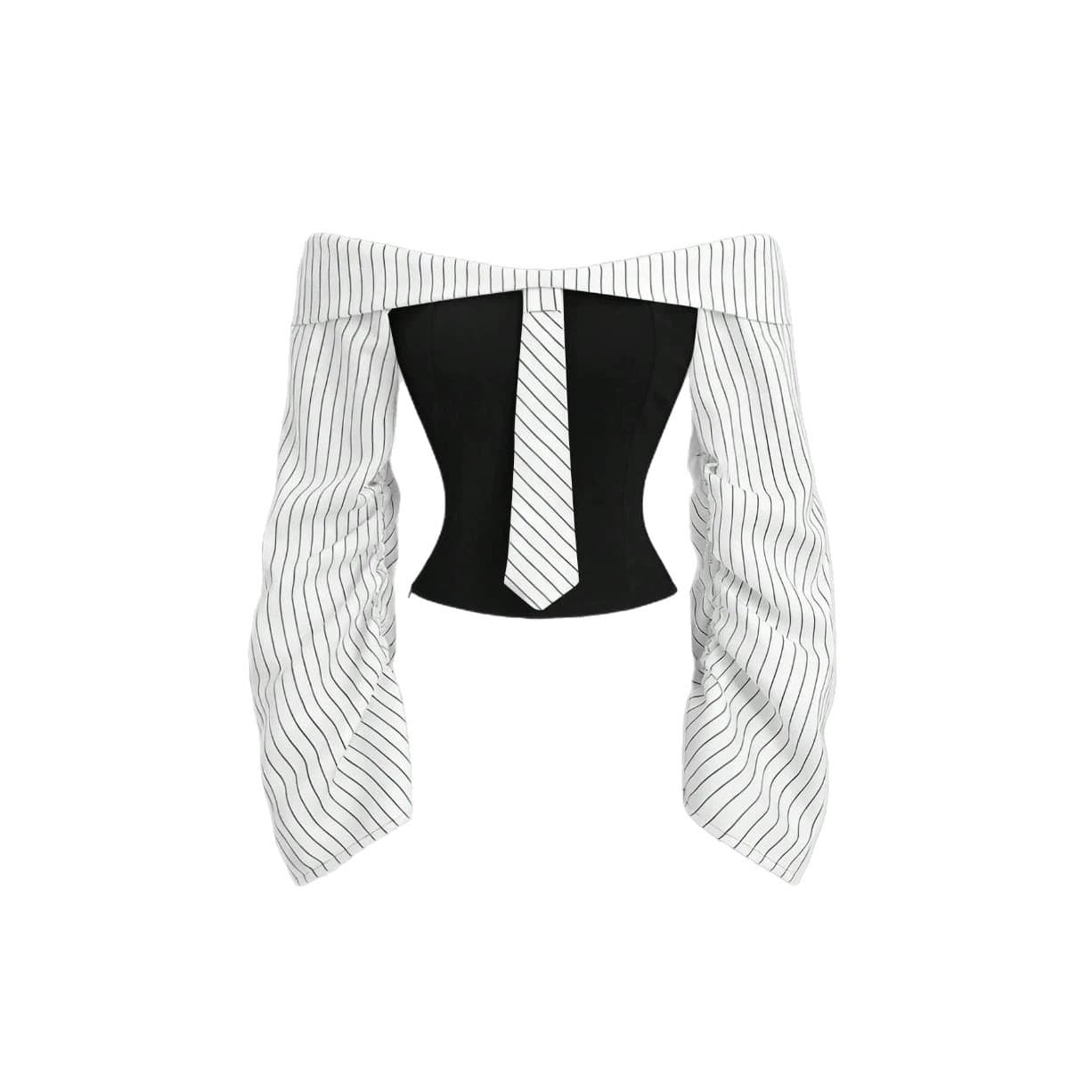 879 Cross-border Amazon TK Europe and America Tie Design Spliced One-Shoulder Long-Sleeve Shirt Contrast Stripe Blouse