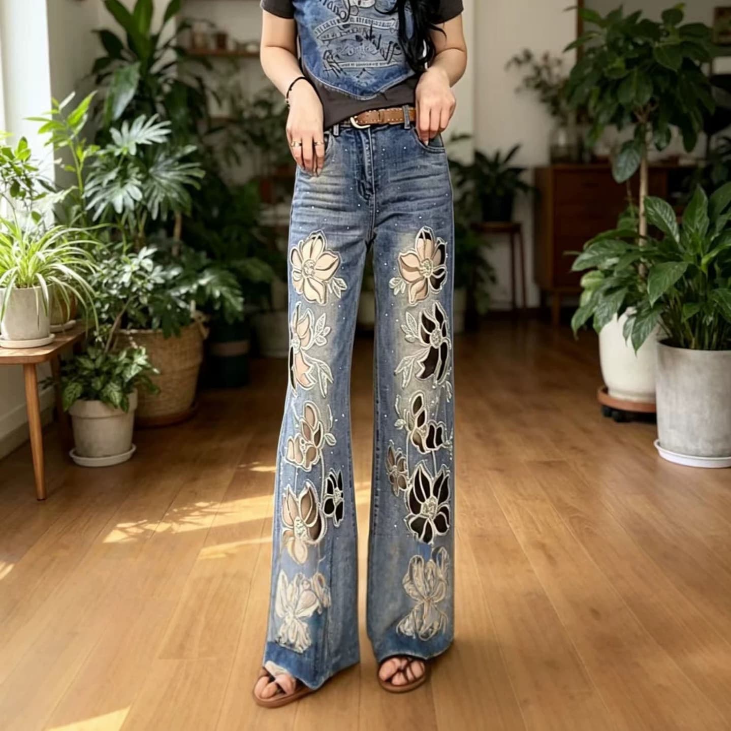 Summer thin hot-drilled hollow embroidered jeans for women 2026 loose, slim and versatile blue nine-point bootcut pants