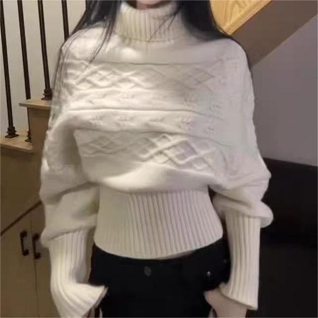 Korean-style Cable Knit Turtleneck Sweater 2025 Fall/Winter New Arrival Waist-Tightening Slim Fit Pullover Knit Top for Women