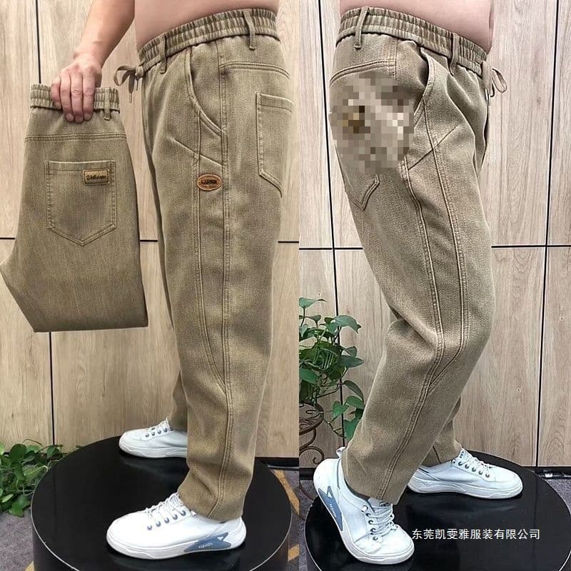 Velvet thickened men's jeans dad pants loose and versatile autumn and winter middle-aged high-waisted straight stretch harem pants