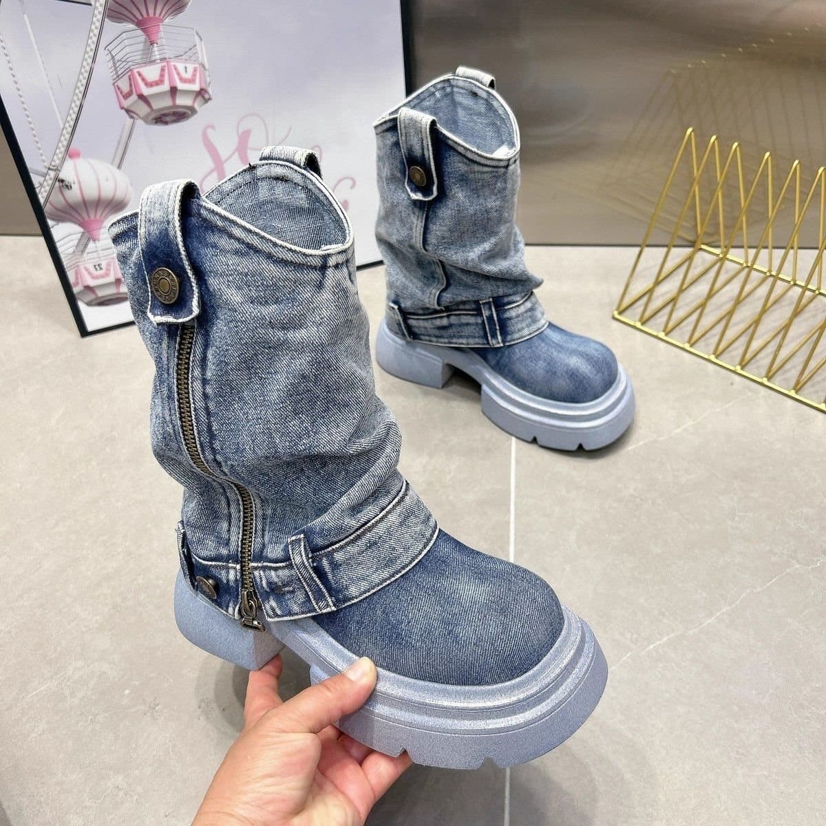 New Summer Trendy Washed Denim Round Toe Booties Skirt Thick Bottom European Style Showstopper Popular Influencer Boots