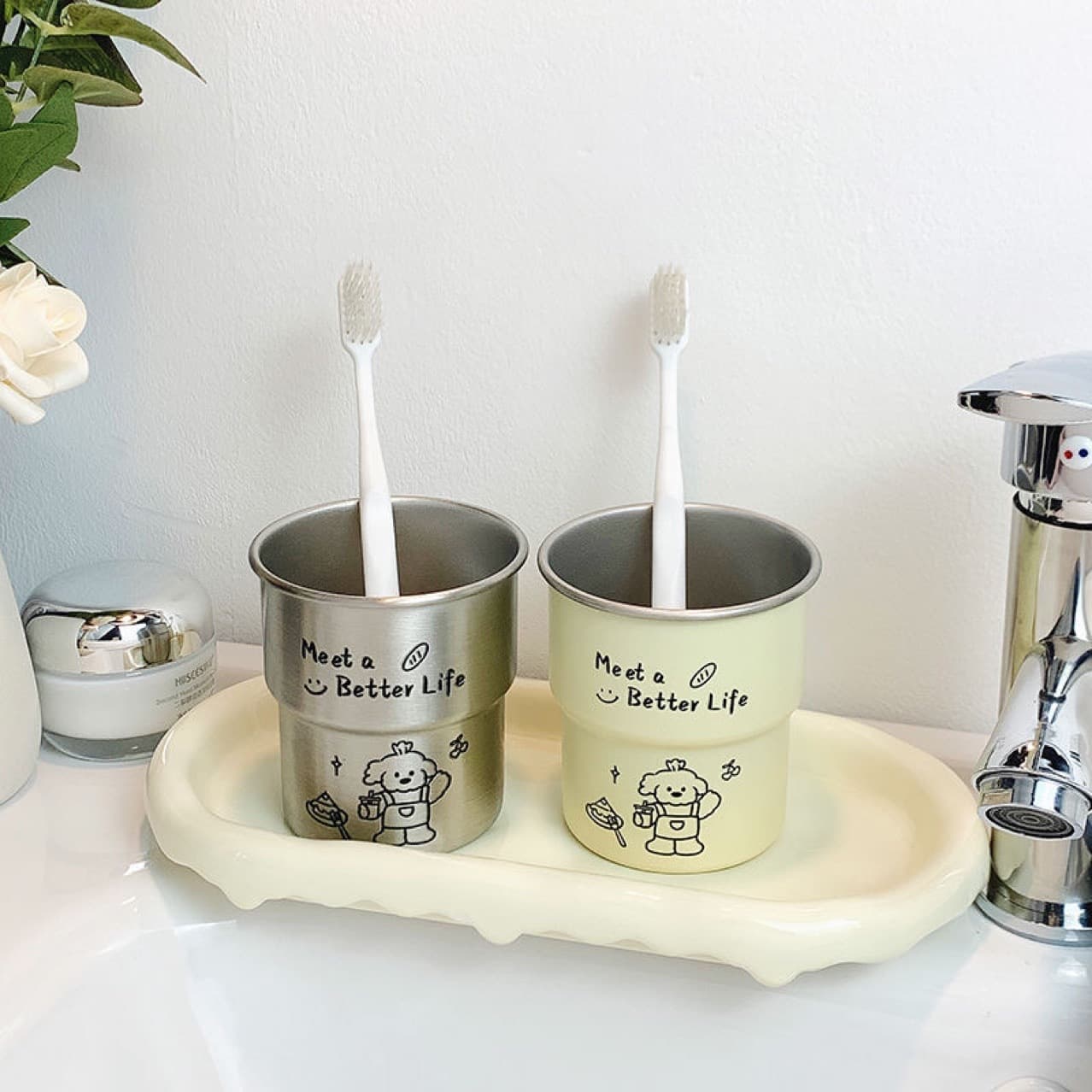 Ins Cute Bichon Dog Mouthwash Cup, 304 Stainless Steel Step Simple High Aesthetic Couple Washing Toothbrush