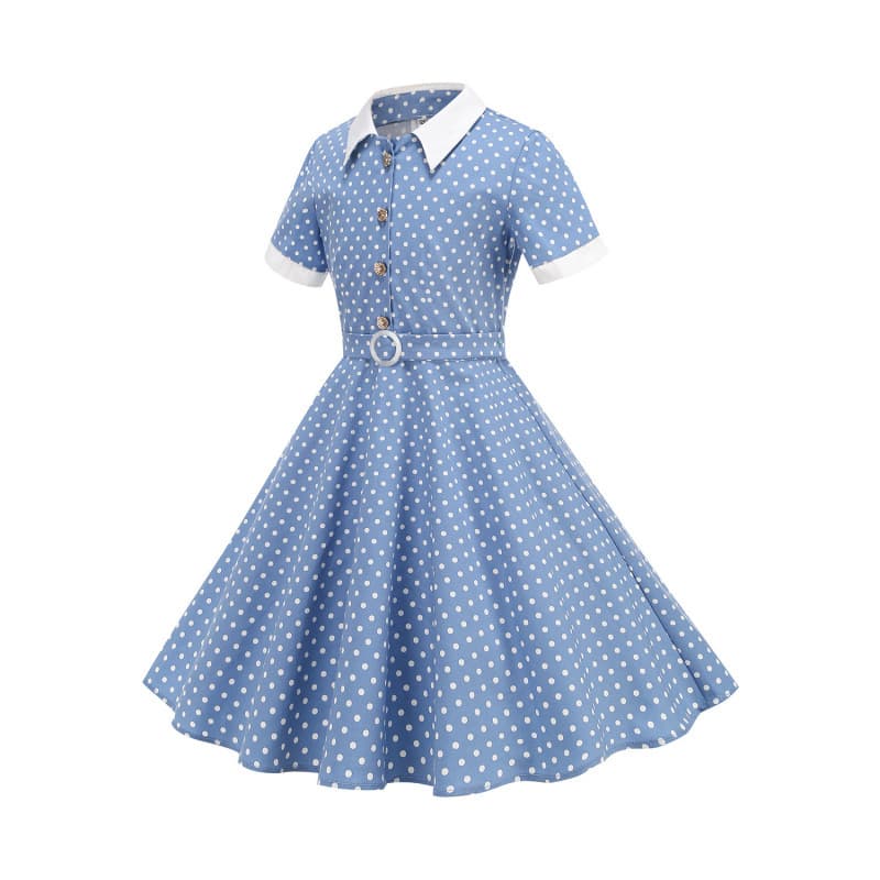 Audrey Hepburn Style Retro Collar Fitted Polka Dot Wrap Tie Flared Mother-Daughter Dress Cotton