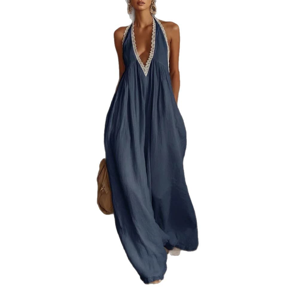 European and American Summer New Casual Loose Cotton Breathable Lace Trim V-Neck Sleeveless Jumpsuit for Women