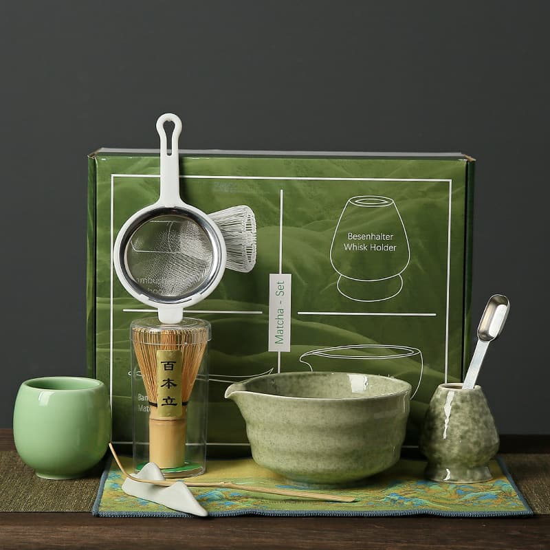 Matcha Bowl Ceramic Japanese Style Matcha Whisking Set with Bamboo Chasen, Hundred-Tip Stand, Song Dynasty Tea Ceremony Gift Box