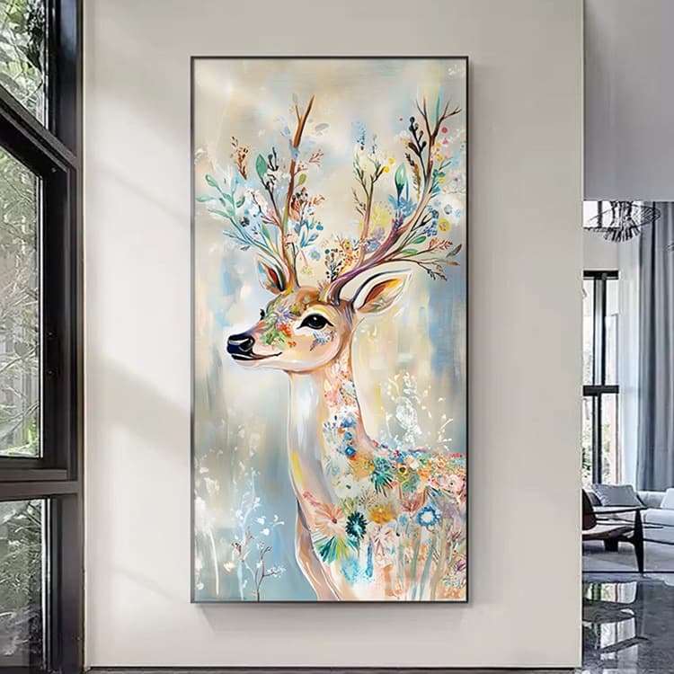 Deer of Fortune Auspicious Meaning Pure Hand-Painted Oil Painting, Dafen Village Entryway Foyer Decor Vertical American Style Corridor Passage Hanging