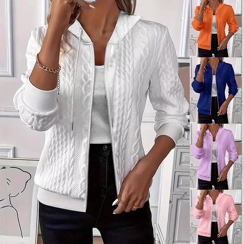 2025 Independent Site Wish Amazon Hot Selling Autumn/Winter Solid Color Long Sleeve Knit Zip-Up Hoodie Jacket for Women