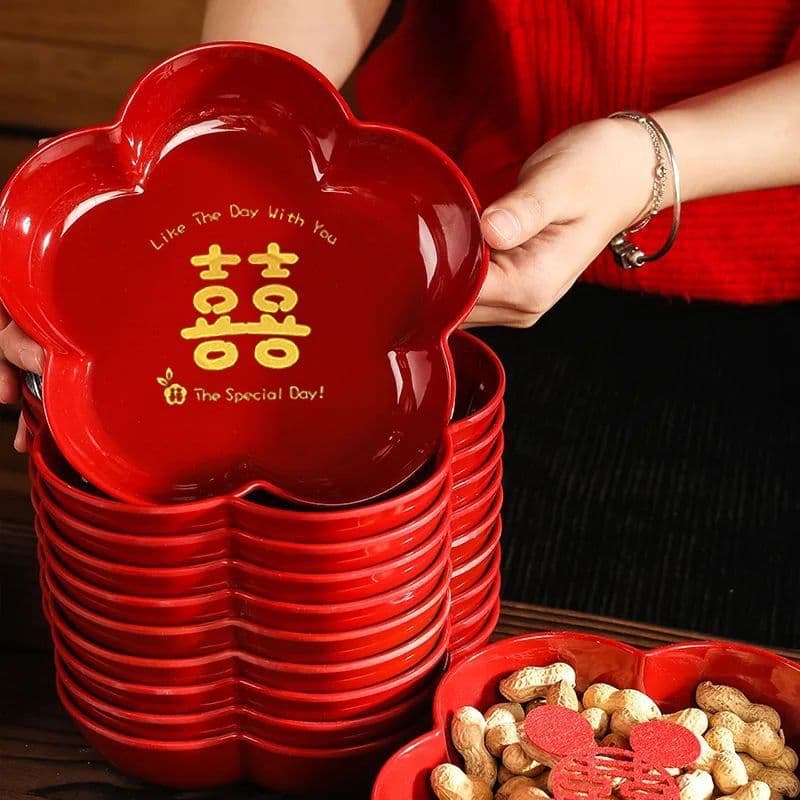 Happy Candy Tray, Red Dried Fruit Plate for Living Room, Engagement Decoration, Wedding Double Happiness Fruit Plate, Wedding Decorative Arrangement Tray