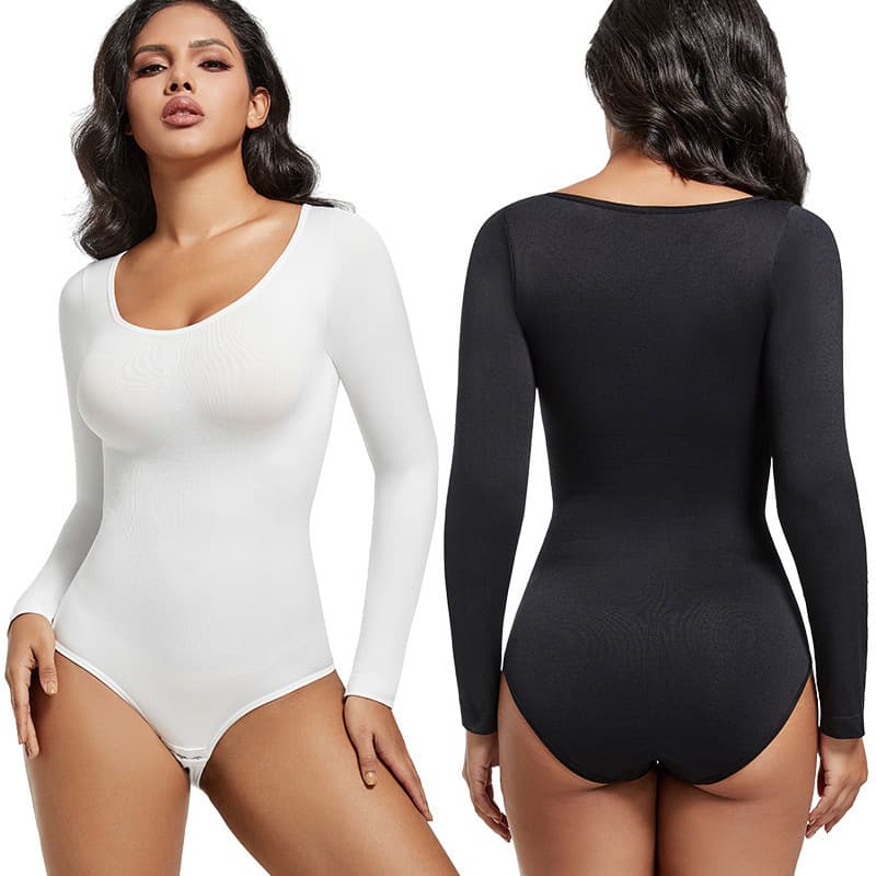 Plus Size Seamless Long Sleeve Shapewear Women's Bodysuit Postpartum Tummy Control Butt Lifting Triangle One-Piece Underwear