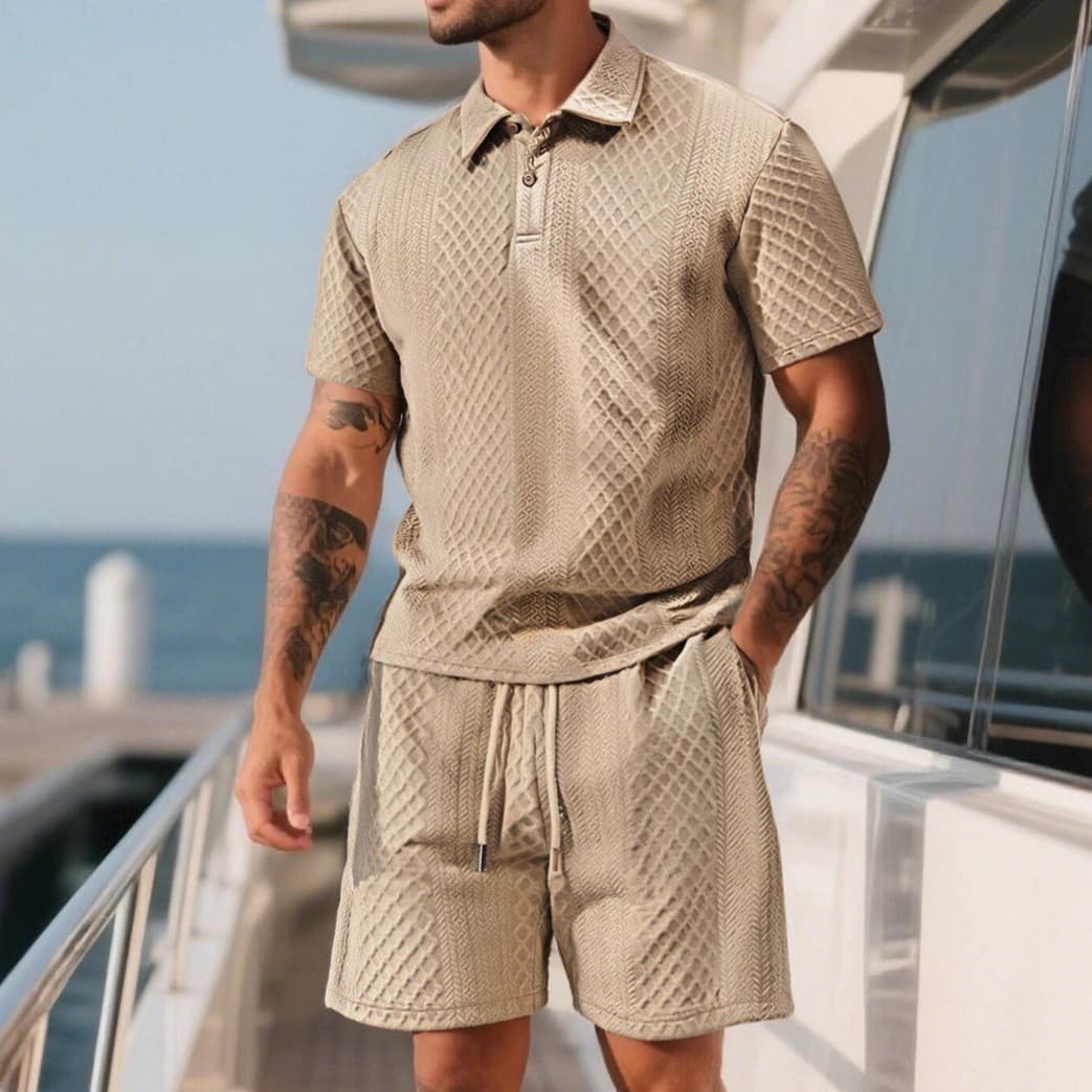 Cross-border TK Men's Spring/Summer New Casual T-Shirt Set, Thin Fabric, Notched Collar, Short Sleeves, and Shorts for Export