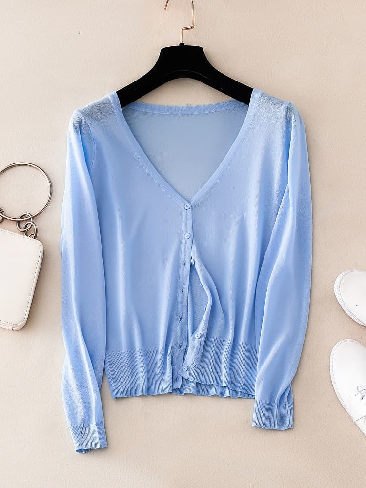Fashionable Plus Size Long-Sleeve Cardigan for Women, Ice Silk Knitwear, Air Conditioning Jacket, Sun Protection, Short Style, Summer Thin