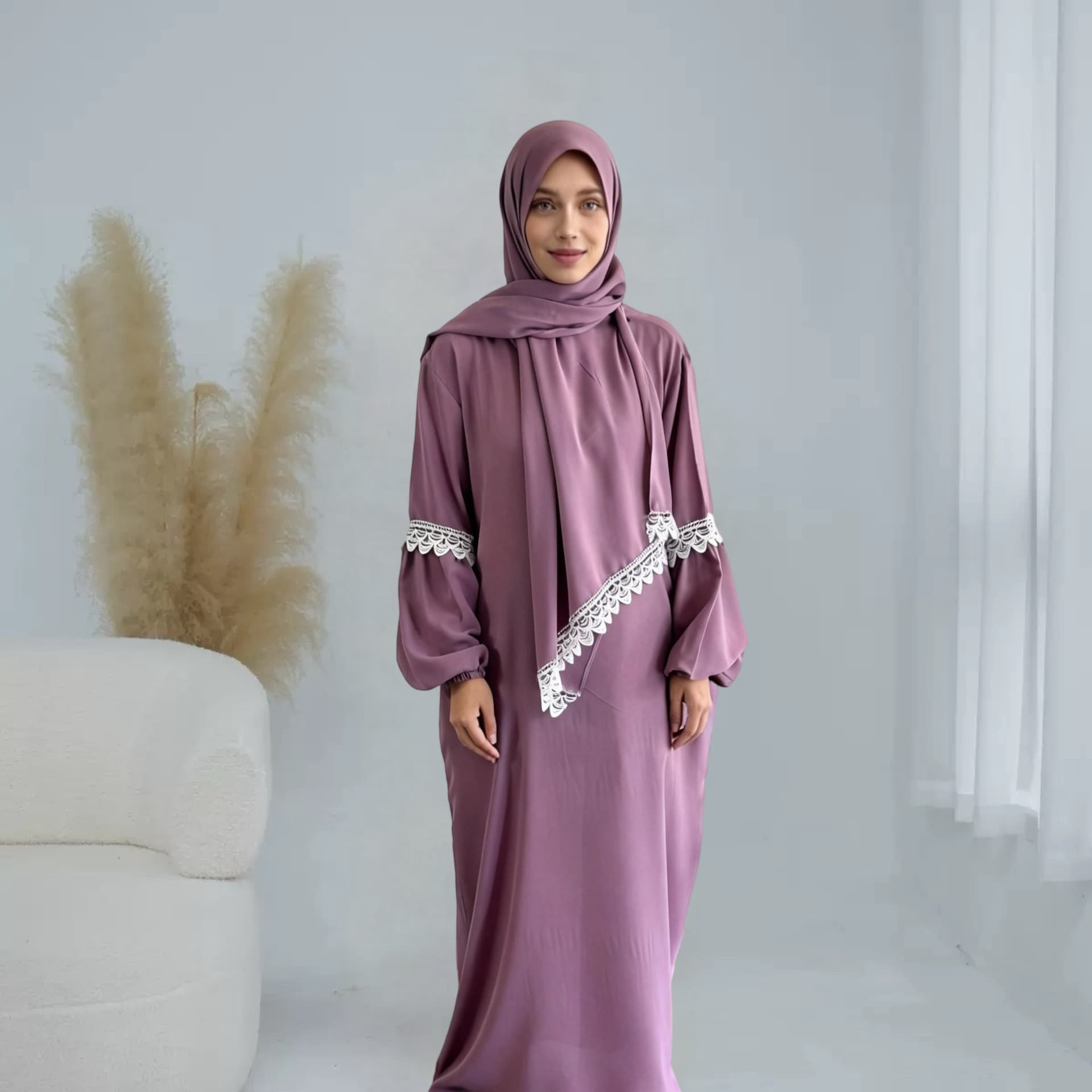 Women's Cross-Border Lace Trim Patchwork Long-Sleeve Loose Casual Maxi Dress with Headscarf 2-Piece Set K214