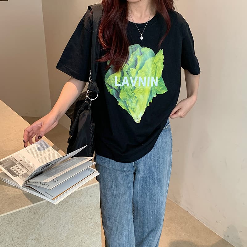 Dropshipping Internet celebrity green vegetable printed short-sleeved T-shirt for women in summer 2022 new trendy loose and versatile tops