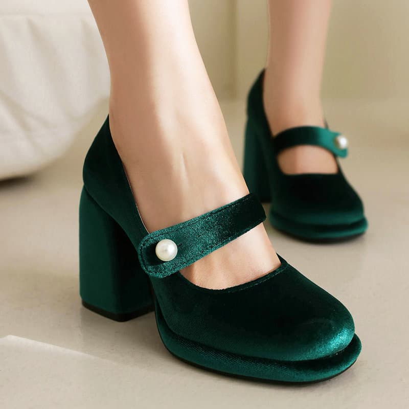 Women's High Heels Velvet Round Toe Chunky Heel Ultra High Heel One-Buckle Strap Single Shoes Green Platform High Heel Women's Single Shoes