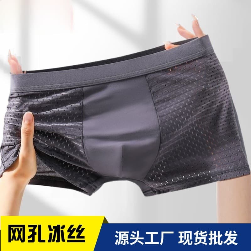 Cross-border Men's Ice Silk Underwear Hollow Mesh Breathable Boxer Shorts Sports Shorts Four-corner Mesh Briefs Factory Direct