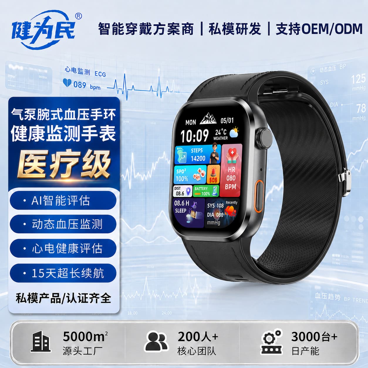 Medical-grade blood pressure watch, multifunctional sleep heart rate exercise bracelet, AI blood oxygen monitoring smart watch for the elderly