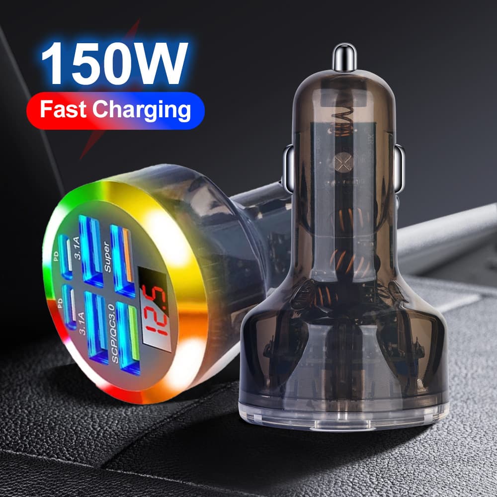 Multi-Port Car Charger with Digital Display, Supports Super Fast Charging, 10-in-1 Fast Car Charger with Voltage Display