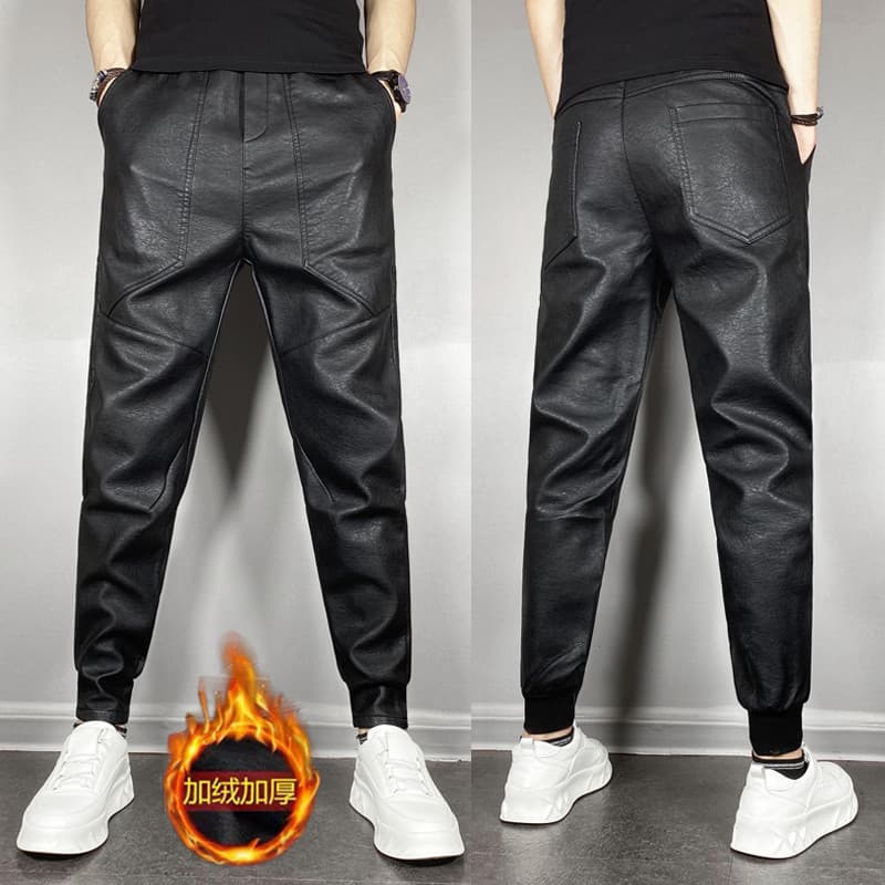 Fleece-Lined and Thickened Trendy Men's PU Leather Pants Waterproof Windproof Youth Cuffed Pants Internet Celebrity Same Style Tapered Long Pants Winter