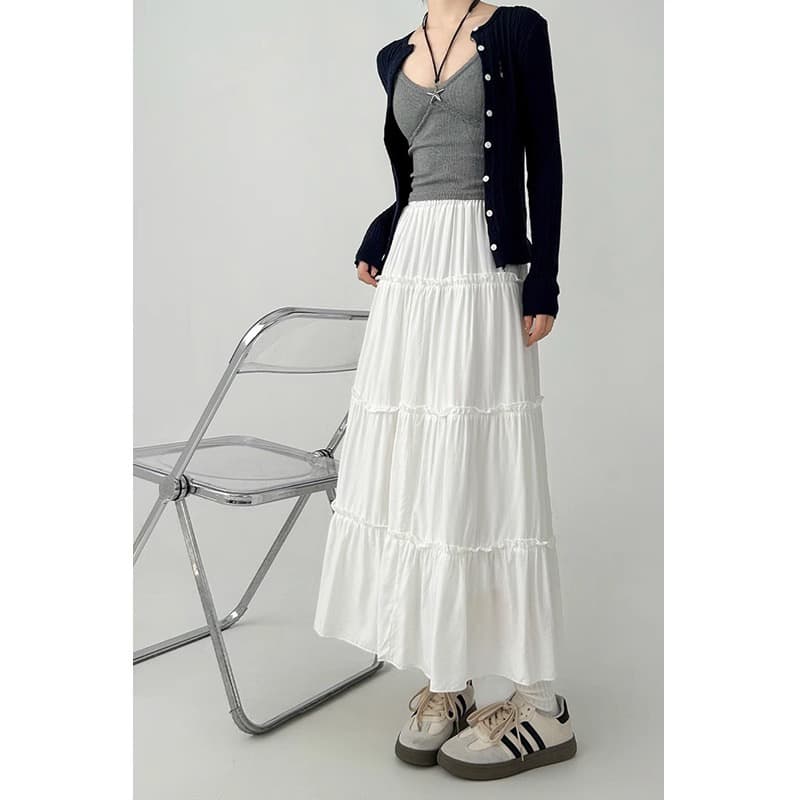 French Design Mid-Length A- Line Skirt Women's Summer New Cake Skirt Long Skirts for Pear Shaped Body Simple Solid Color