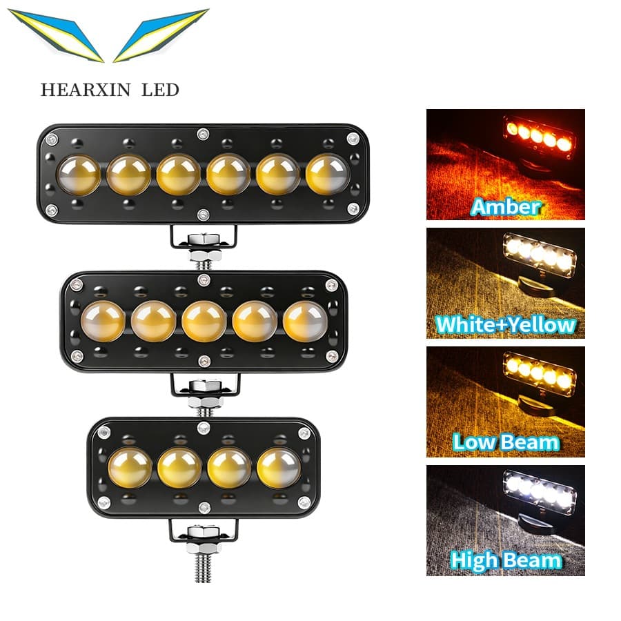Cross-border Ultra-Bright Motorcycle Linear Lens Headlight, Far White Near Yellow Strobe + Amber Light External Spot Light for Road Illumination Modification