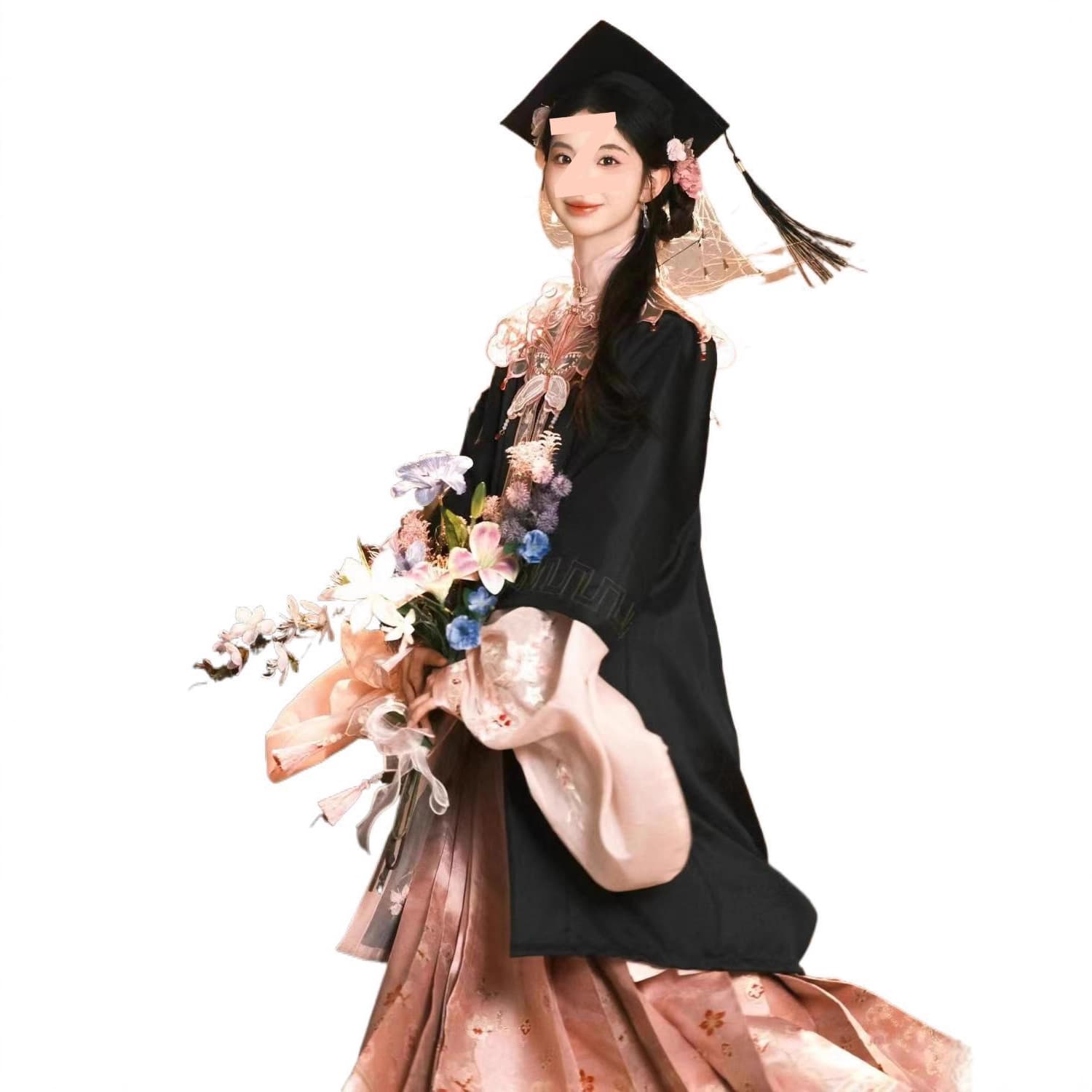 New Chinese style graduation photo shoot set featuring Hanfu (traditional Han clothing) with cloud shoulder design and academic gown.