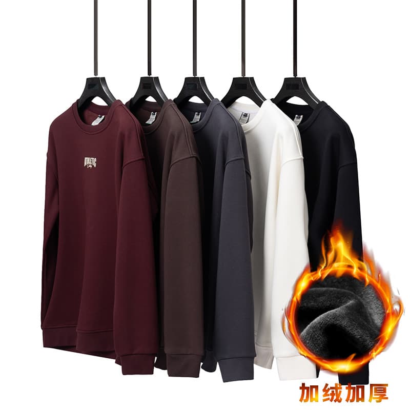 Plus Size Men's Fleece-Lined Thickened Warm Letter Print Sweatshirt, Loose Versatile Top, Round Neck Long-Sleeve Base Layer Shirt for Men