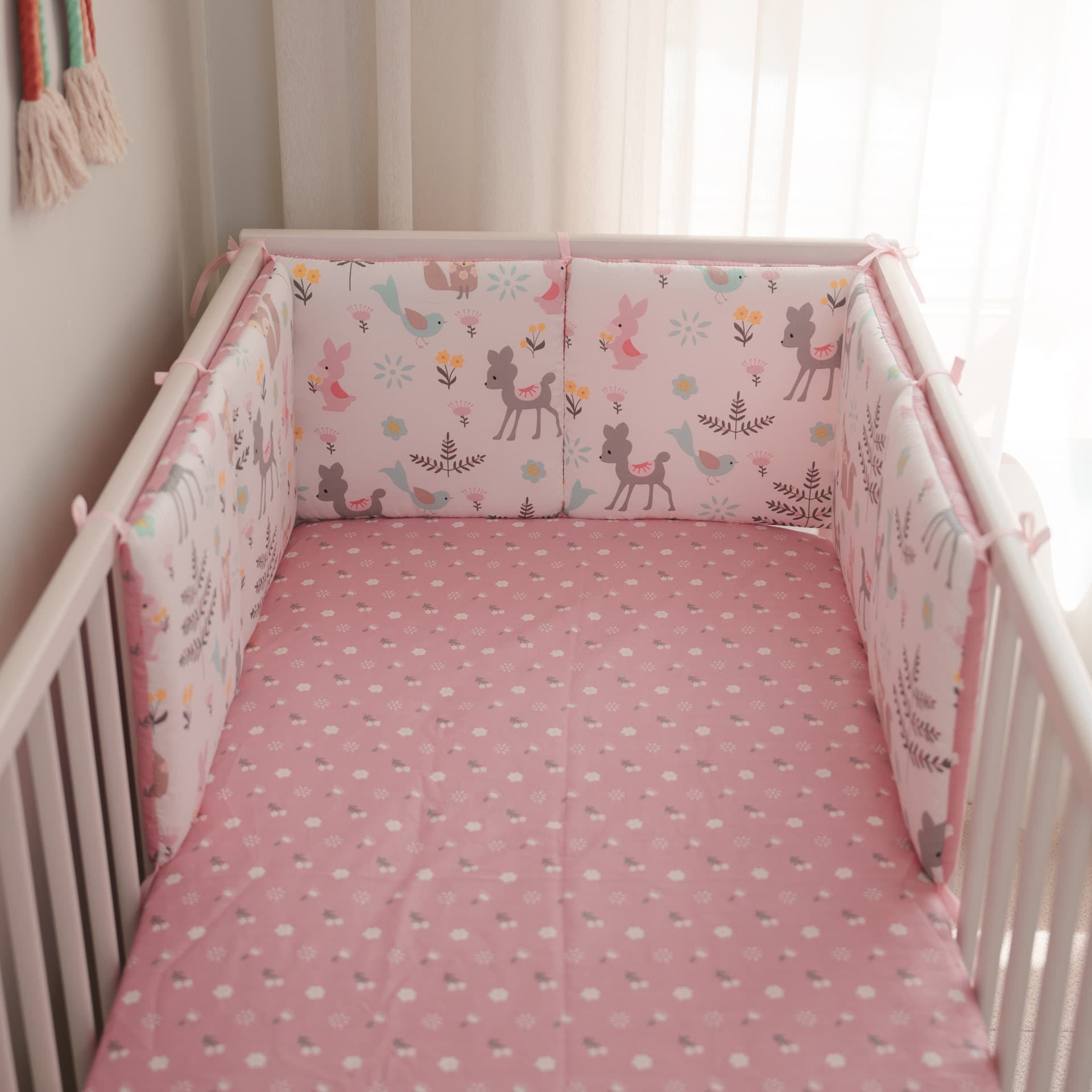 Baby Crib Bumper, Newborn Bedding Set, Infant Bump-Proof Rail, Pure Cotton Pink Fox Design, 30*30*6cm, Washable as One Piece