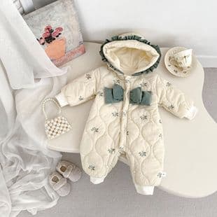 2025 Baby Winter Clothes Stylish Floral Thick Warm Hooded Romper Newborn Fleece Jumpsuit
