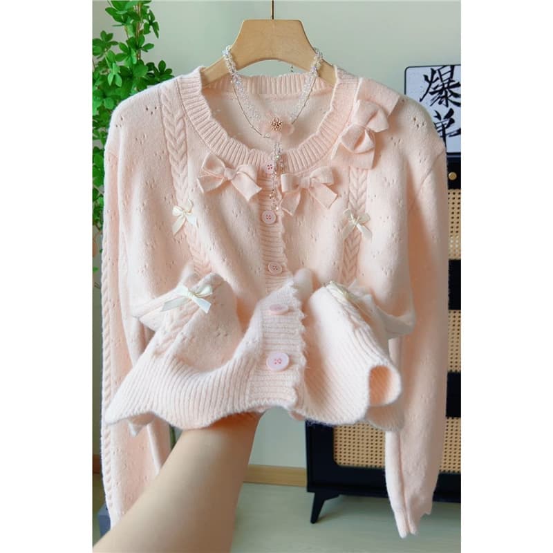 2025 Autumn Winter New Sweet Lace Collar Cardigan Women Bow Long Sleeve Knitwear School Style Coat Junior High School Student