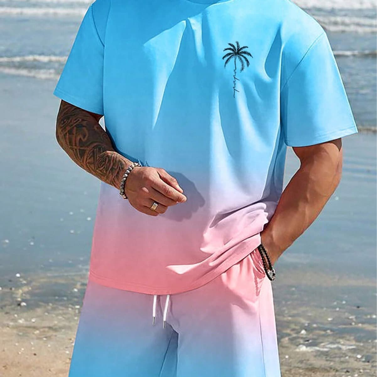 TEMU Summer 3D Printed T-Shirt and Shorts Two-Piece Set for Men Gradient Coconut Tree Pattern Casual Trendy