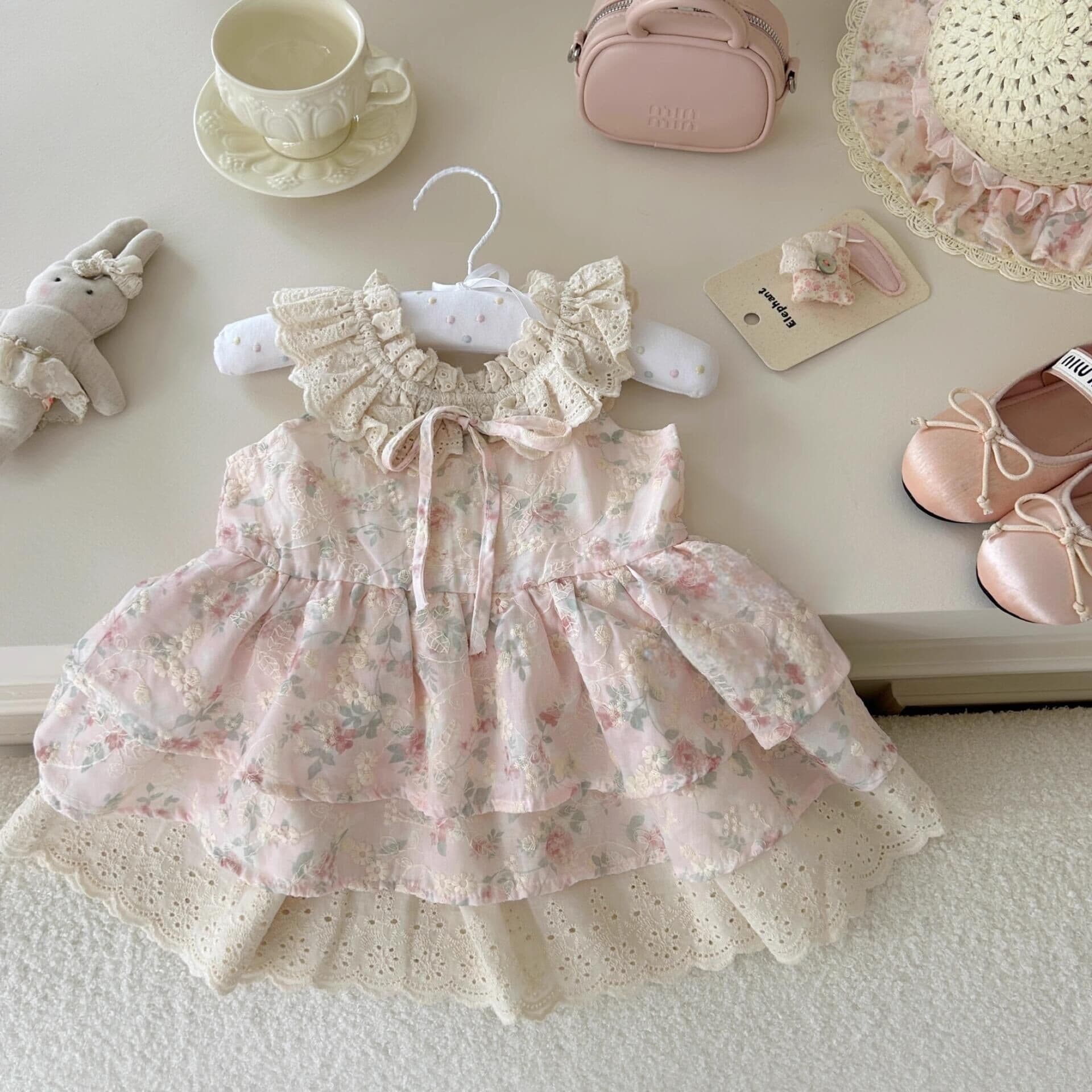 【Tian Xiaosi】Original Sakura Feather Trim ~ Girls' Summer Sweet Flutter Sleeve Gentle Floral Lace Dress