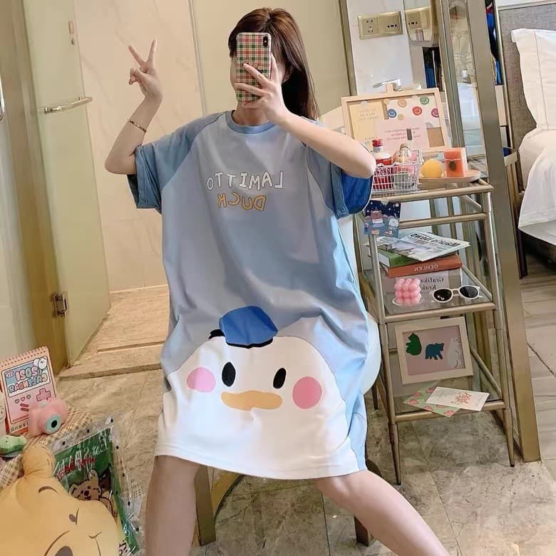 Women's Summer Short-Sleeve Nightgown, New Trendy Style, Cute Cartoon Print, Loose Fit Loungewear Dress