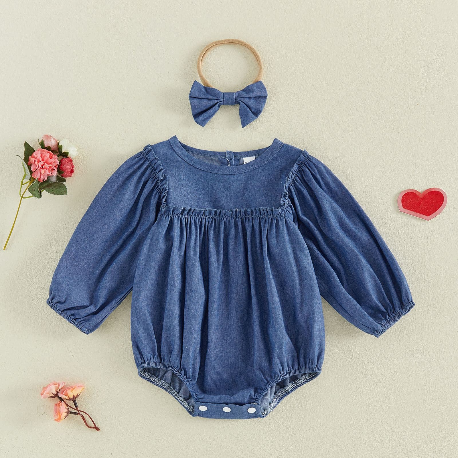 Korean-style ins spring/autumn new girls' stylish cute long-sleeve loose denim triangle romper + headband