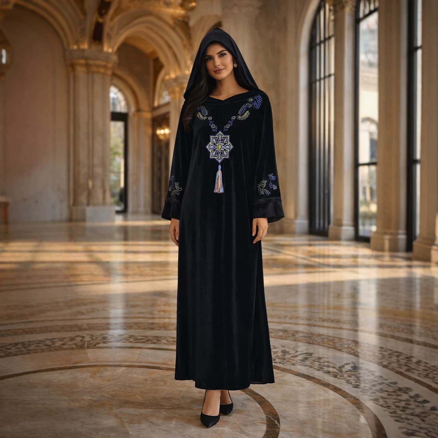 UNI035 Cross-Border Winter Velvet Embroidery Dress Round Neck Long Dress + Head Scarf Two-Piece Set