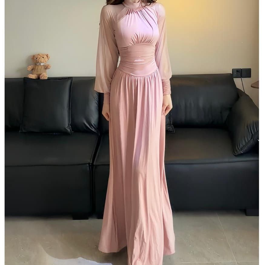 2026 New French Style Elegant Long Dress Half Turtleneck Pleated Long Sleeve Mesh Dress Waist-Tightening Slim Fit Dress for Women