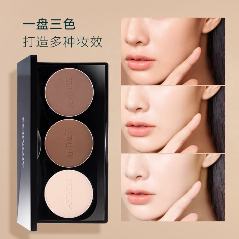 Weimeixiu Tri-Color Contour Palette Highlighting Nose Side Shadow Matte Blush Sculpting Powder Contour Compact Powder Palette