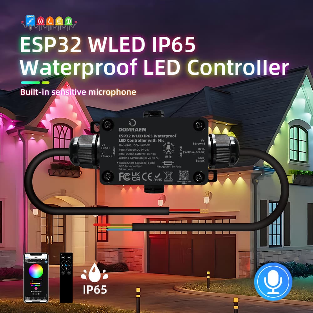 DOMRAEM ESP32 WLED Outdoor Waterproof Digital LED Strip Controller with Microphone 15A Fuse
