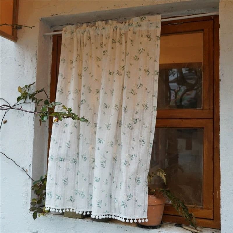 F8H No-Drill Pastoral Fresh Lilac Half Curtain Partition Fabric Curtain for Bedroom Study Window Magic Tape Short Curtain