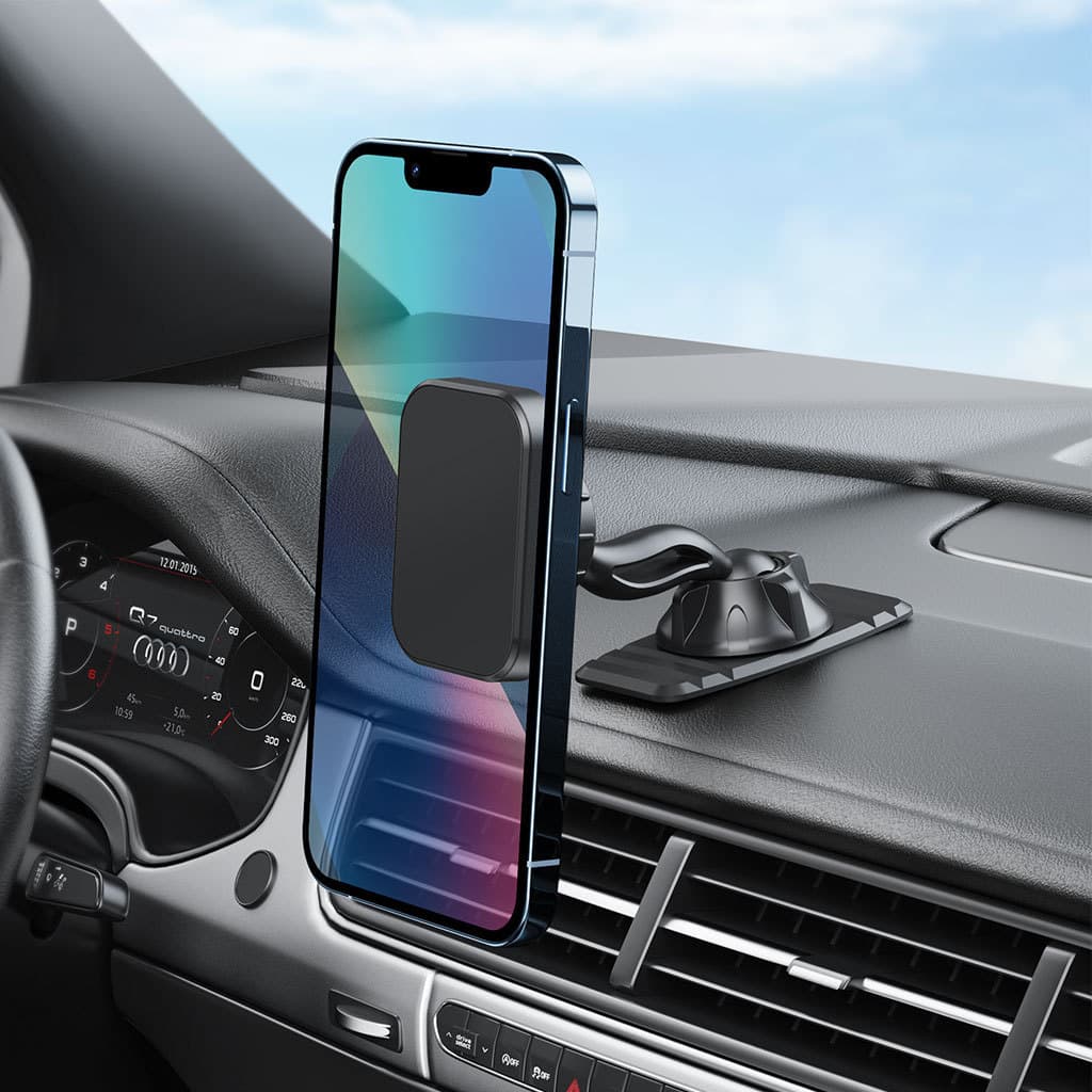 Strong Magnetic Car Phone Mount with Silicone Adhesive, Vent Clip, Curved Suction Cup, Square Magnetic Phone and Tablet Holder