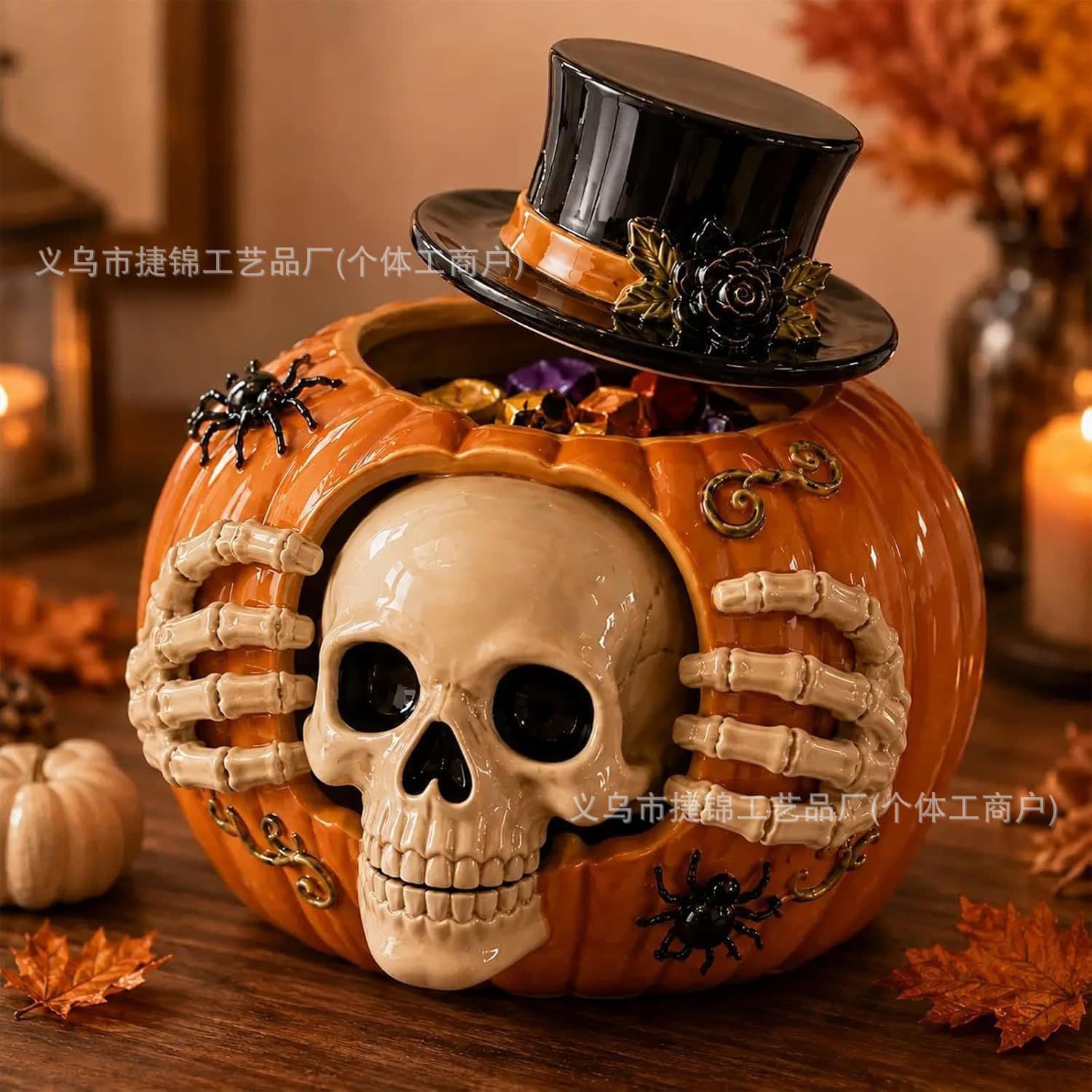 Cross-border New Skull Pumpkin Candy Jar Halloween Skull Pumpkin Candy Jar Resin Ornament