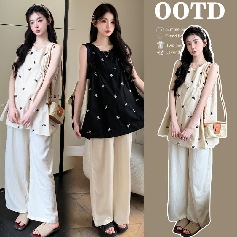 Actual shot of 2025 maternity summer suit new design embroidered sleeveless vest top wide leg pants