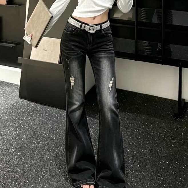 Slim Fit Stretch Flare Jeans Women Summer American High Street Distressed Design Washed Hot Girl Straight Leg Long Pants